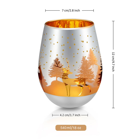 Joeyan 2er Set Weingläser Weihnachten ohne Stiel, 540ml Silber Rotweingläser mit Gold Weihnachtsbaum Elch Schneeflocken Muster,Geschenk Weihnachten