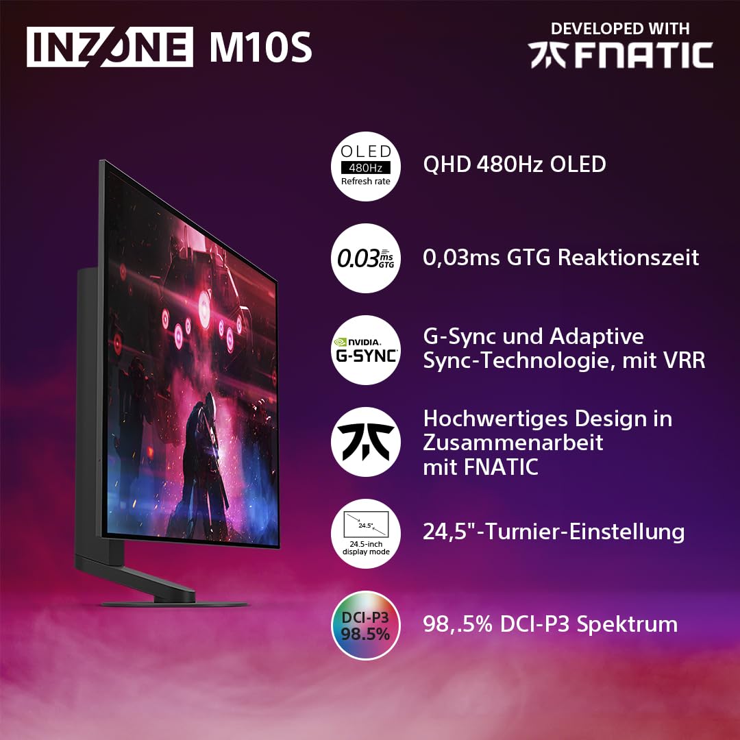 Sony INZONE M10S 27“ OLED QHD PC Gaming Monitor: 1440p, 480Hz, 0.03ms GTG, DCI-P3 98.5%, G-Sync, Adaptive Sync, VRR, Co-entwickeltes Modell mit Fnatic, 1300 nits, DisplayPort 2.1-2 x HDMI 2.1- PC, PS5
