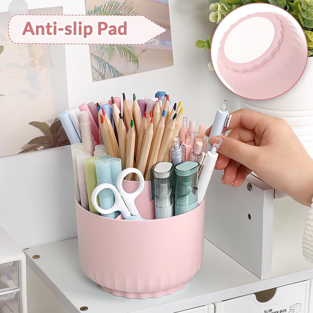 SKYDUE Schreibtisch Organizer 360° drehbar – Stiftehalter mit 5 Fächern – Platzsparender Stifte Organizer für Büro, Schule & Zuhause – Hellrosa