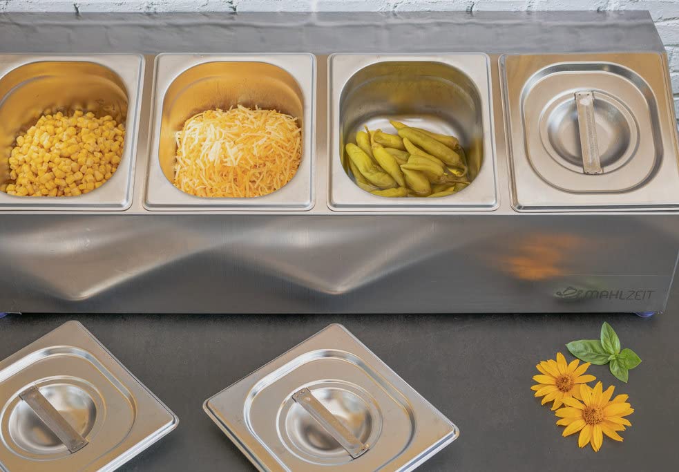 Mahlzeit Edelstahl Zutatenbehälter | 6 x 1/6 GN Catering Behälter mit Gummifüßen | 102,5 x 24,5 x 21,5 cm | Cocktail Zutatenbehälter Bar für Gastro, Küche, Pizza Station, Buffet Zubehör, Salatbar