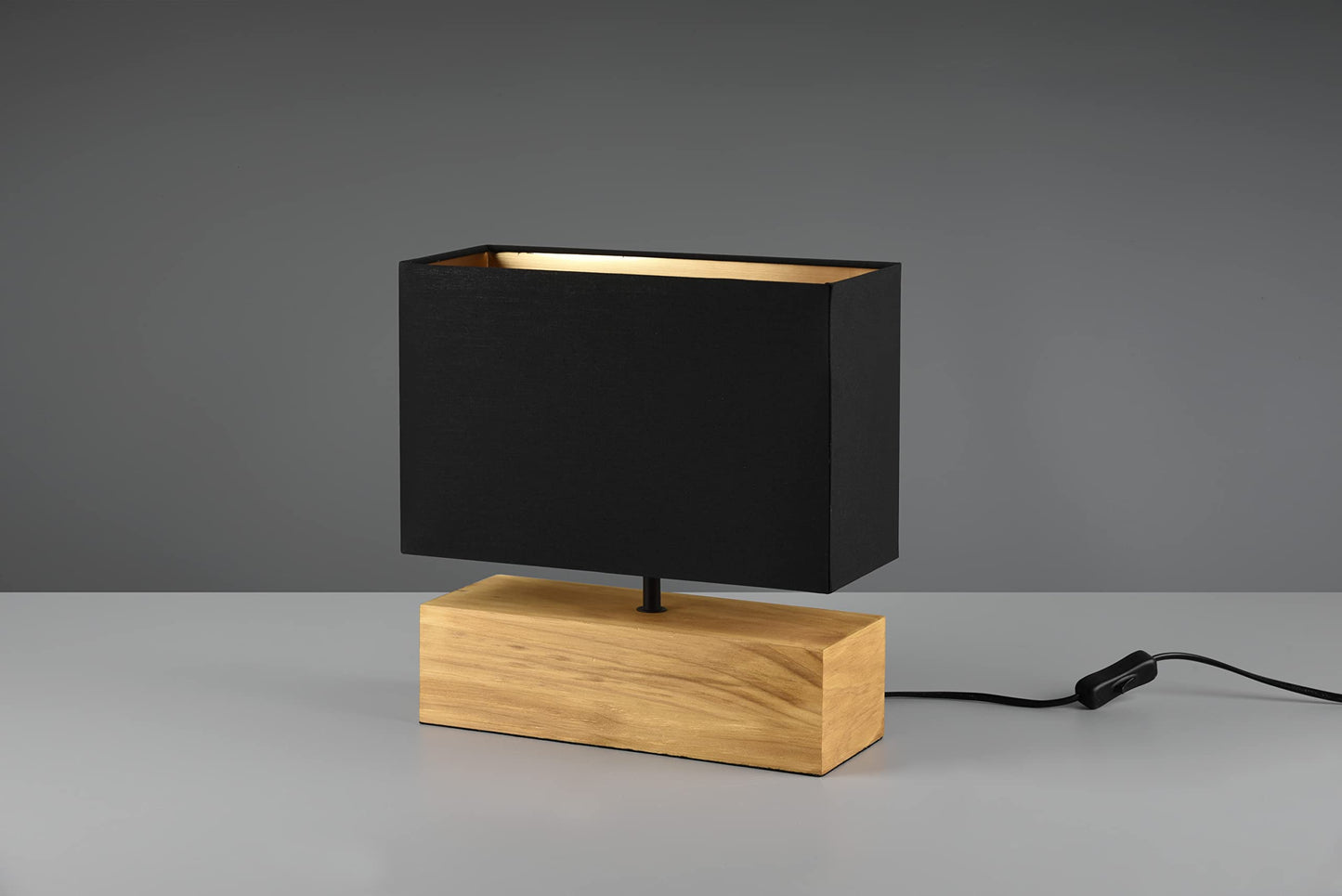 Reality Leuchten Tischleuchte Woody R50181080, Metall Schwarz matt, Fuß Holz, Stoffschirm schwarz/goldfarbig, exkl. 1x E27