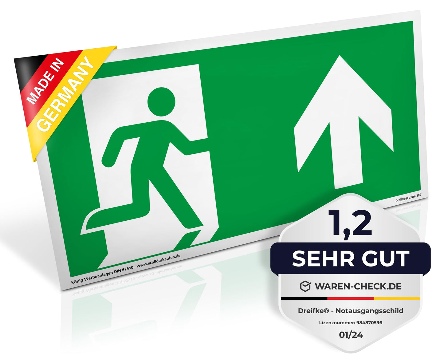 Schild Notausgang | extra langnachleuchtend | PVC selbstklebend 297x148mm | gemäß ASR A1.3 DIN 7010 DIN 67510 | Notausgangsschild rechts aufwärts geradeaus| Fluchtweg Rettungsweg | Dreifke® extra 160