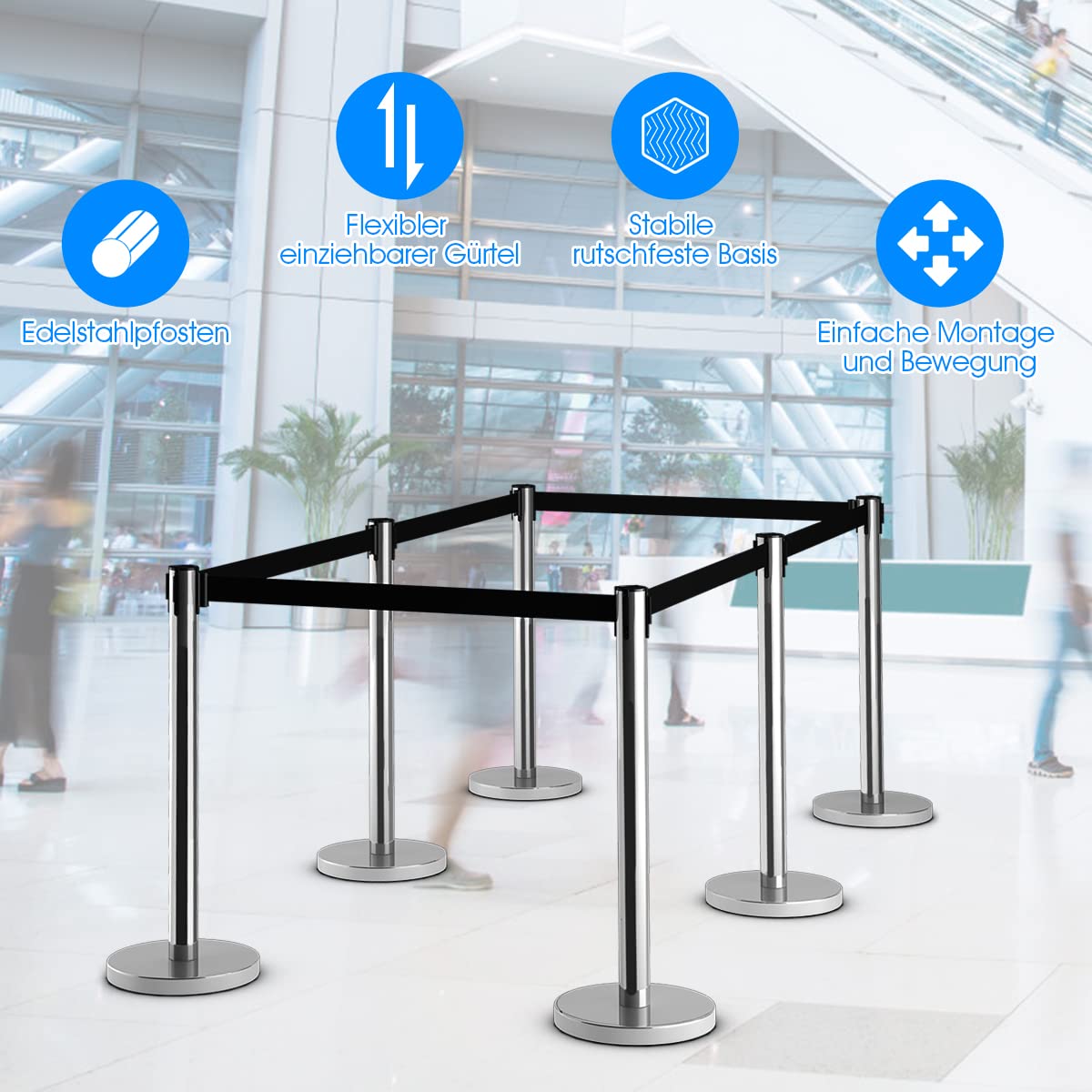 COSTWAY 3er Set Absperrungen Personenleitsystem, 6 Edelstahl Pfosten Absperrpfosten, Abgrenzungsständer mit einziehbaren GurtGurtpfosten für Eröffnungen Theater Veranstaltungsorte & Messen