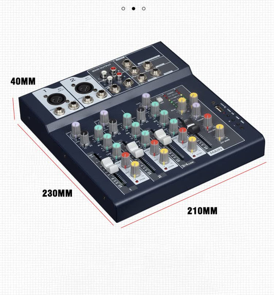 Weymic Professioneller Mixer | 4-Kanal-2-Bus-Mixer/mit USB-Audio-Schnittstelle, Stereo-Equalizer für die Aufnahme von DJ-Bühnen-Karaoke-Musikanwendungen(F4)