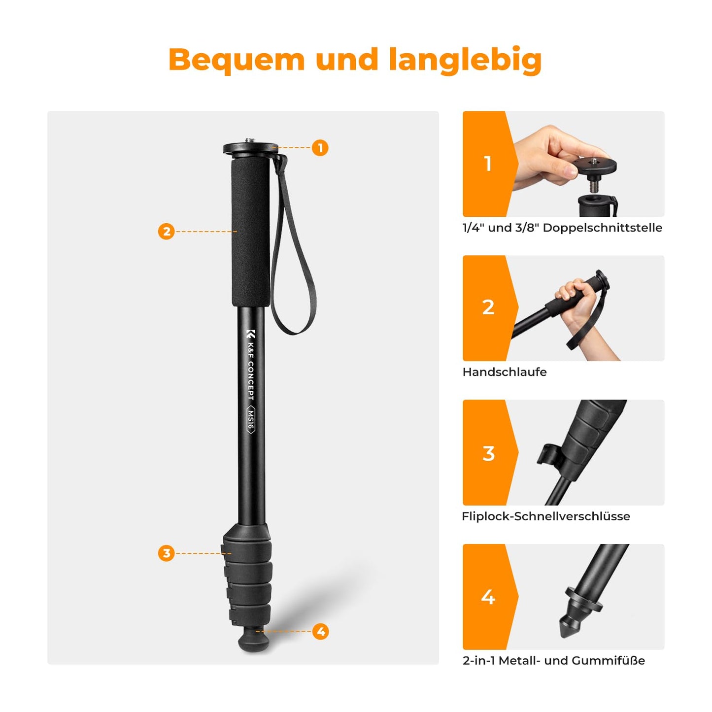 K&F Concept MS16 Einbeinstativ, 63 Zoll Monopod,Stabiles Aluminium-Einbeinstativ mit 5 Sektionen,160cm Reise-Einbeinstativ für DSLR, DSLM und Kompaktkameras,Mit Handschlaufe