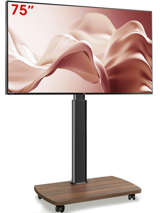 AOKCOS TV Bodenständer Rollbar mit Holzregal, TV Ständer mit Rollen für 43-75 Zoll Flach & Curved Fernseher bis 50kg, Höhenverstellbar Schwenkbar Fernsehstand, Max.VESA 600x400mm