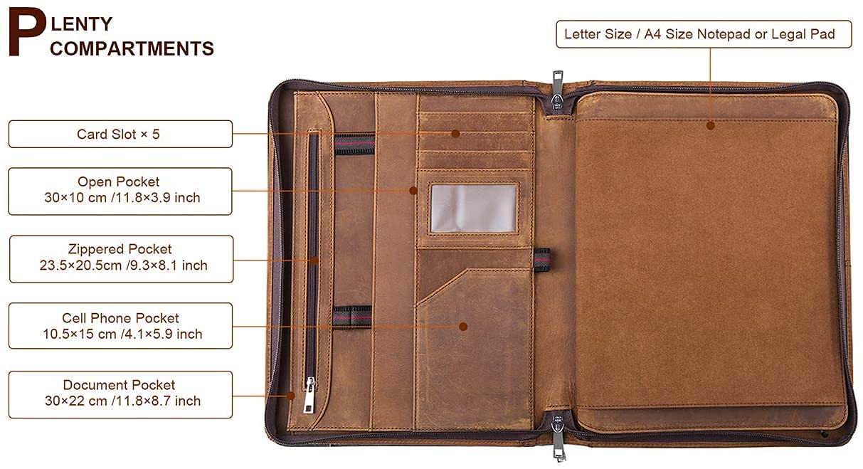 Konferenzmappe A4, Schreibmappe Leder, Ledermappe Dokumentenmappe mit a4 Klemmbrett/Reißverschluss, Businessmapp Tablet Mappe Organizer für iPad 9.7/iPad Pro 9.7/iPad Air 2/iPad Air