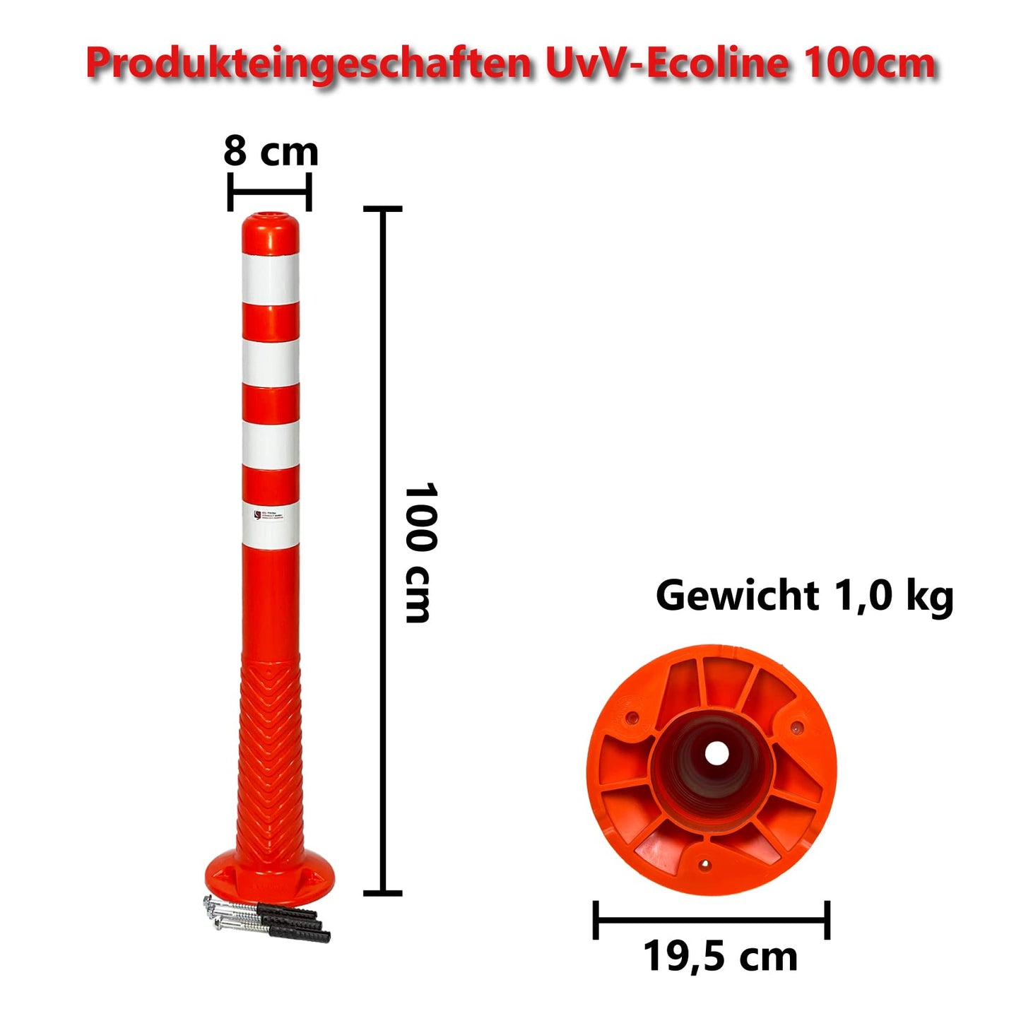 UvV 5 Stück flexible Absperrpfosten Ecoline 100cm orange vier Reflexstreifen (RA1) Befestigungsmaterial - überfahrbar, selbstaufrichtend (5-100cm)