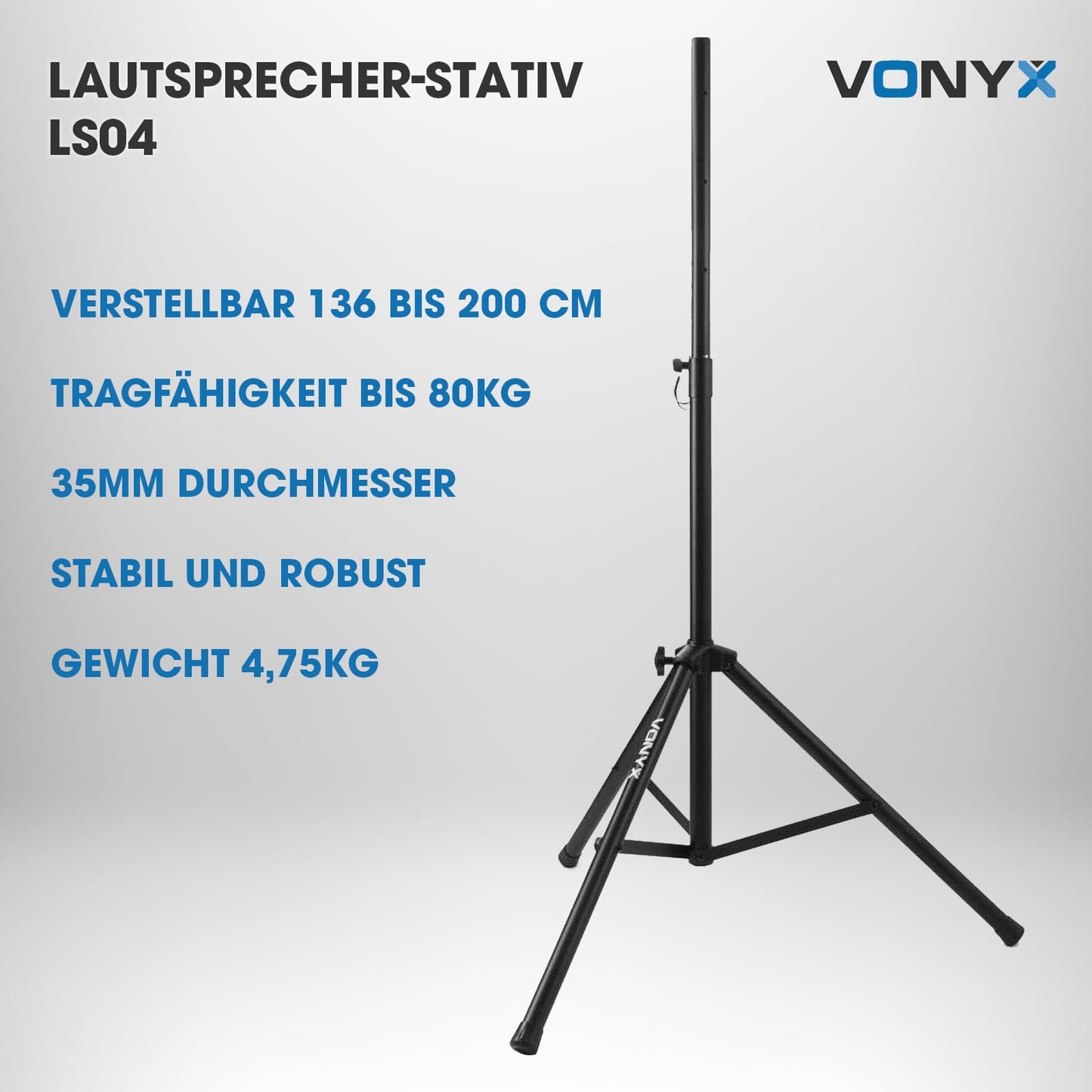 Vonyx LS04 Pro Lautsprecherständer bis 80 KG, Höhenverstellbar bis 2M. Boxenstativ mit Sicherheitsstift, Lautsprecher Stativ, Stative Hochständer Boxen Stativ Speaker Stand, Schwarz