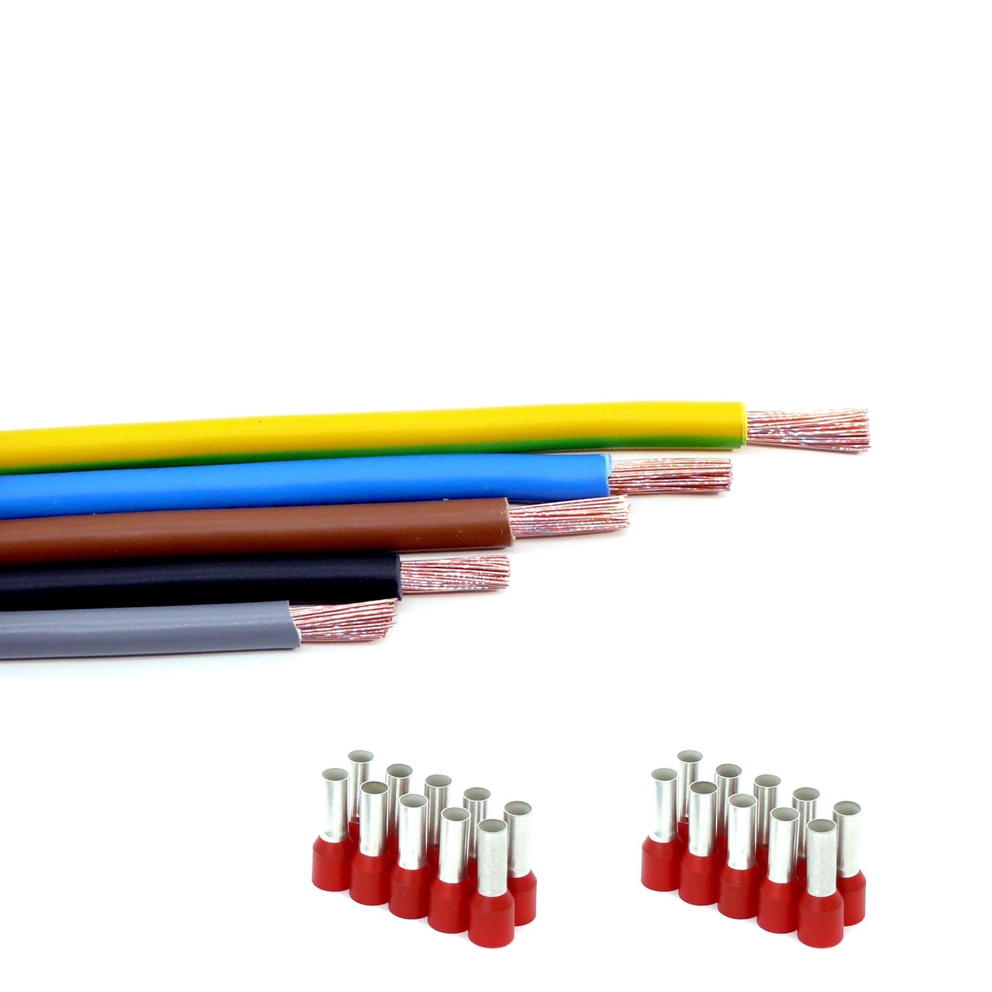 Verdrahtungssatz 5x 1m (schwarz, grau, braun, blau, grün/gelb) Aderleitung flexibel H07V-K 10 mm² inkl. Aderendhülsen 10mm2 für Zählerschrank Verteilung (Set 5x 1 Meter & 20 AEH)