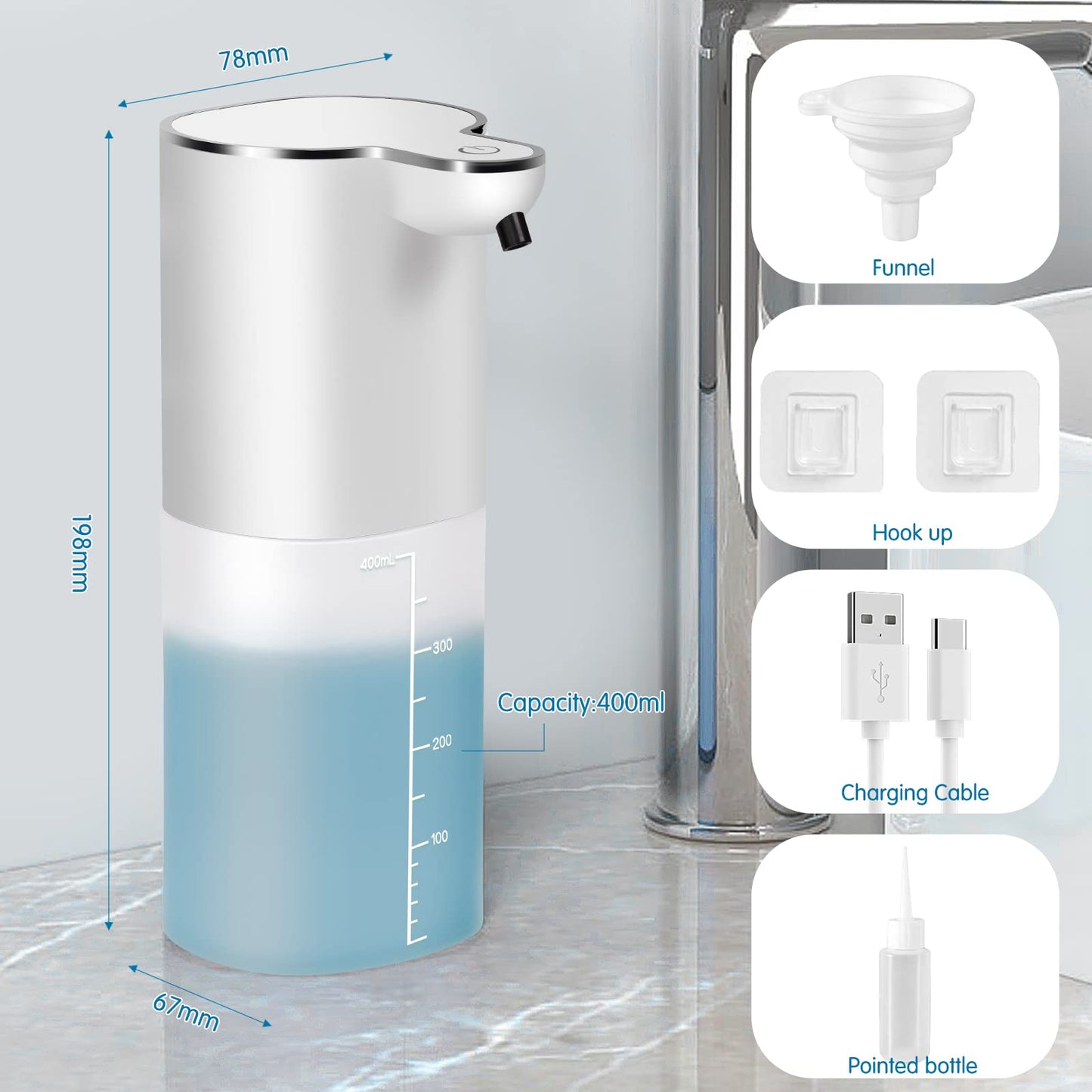 AIBISTAR Seifenspender Automatisch Wandbefestigung, 400 ML Induktiver Berührungsloser Flüssigkeitsspender, 4 Gänge Einstellbare Schalter, IPX5 Wasserdicht,Geeignet für Küche,Bad und Hotel