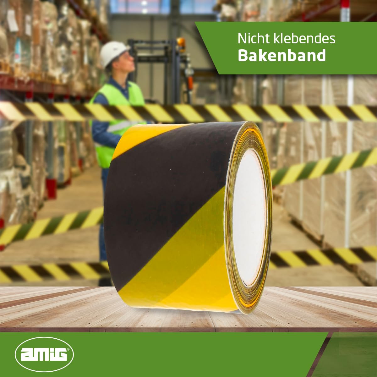Amig – Absperrband | 200 m Länge x 70 mm Breite | Absperrband zur Kennzeichnung von Sicherheitsbereichen | Farbe: Gelb und Schwarz