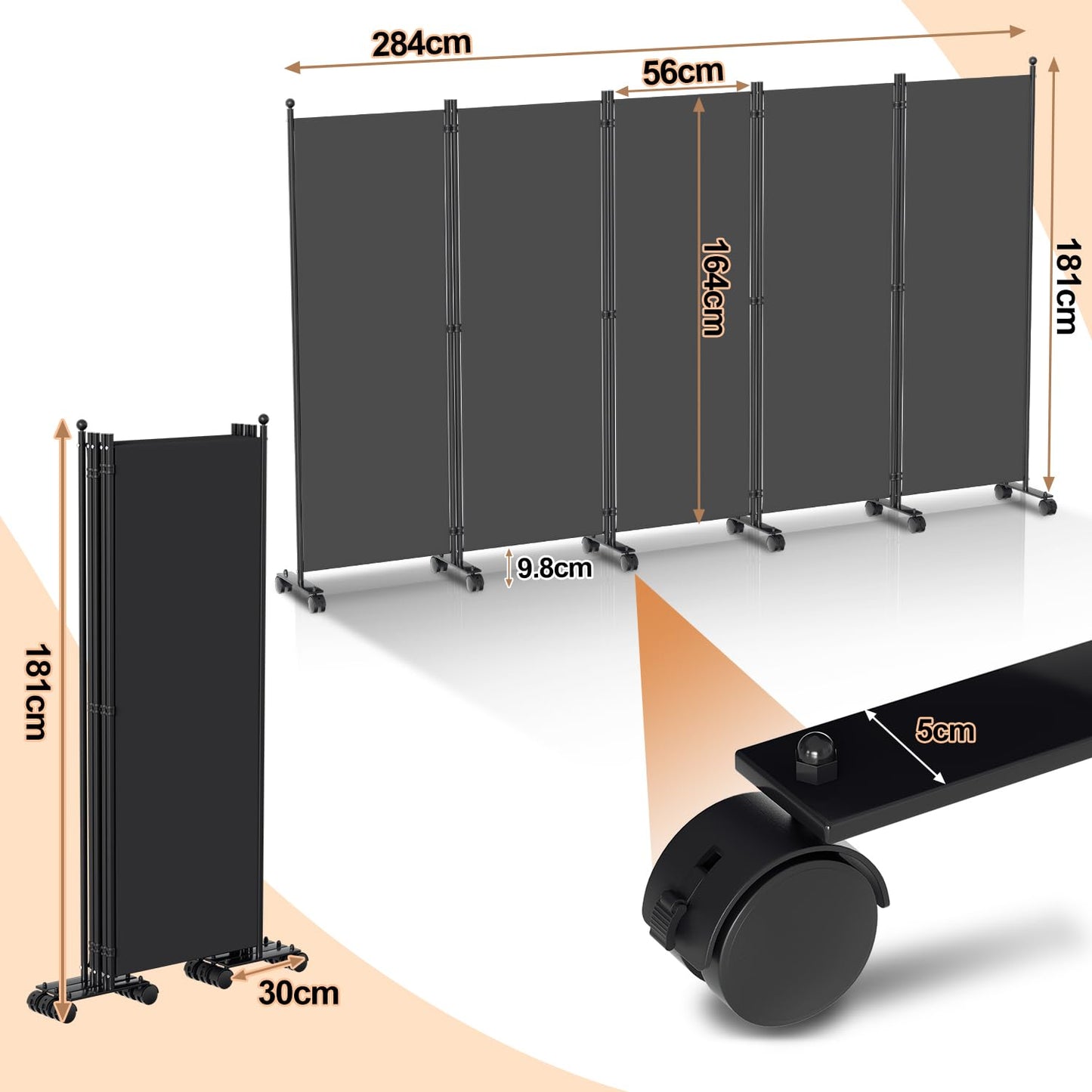 Vigevee Paravent Raumteiler Klappbar Freistehend Trennwand, Paravent auf Rollen, Umkleide Sichtschutz Raumtrenner 5 Teilig 284x181 cm, Paravent für Büros, Balkon - Anthrazit