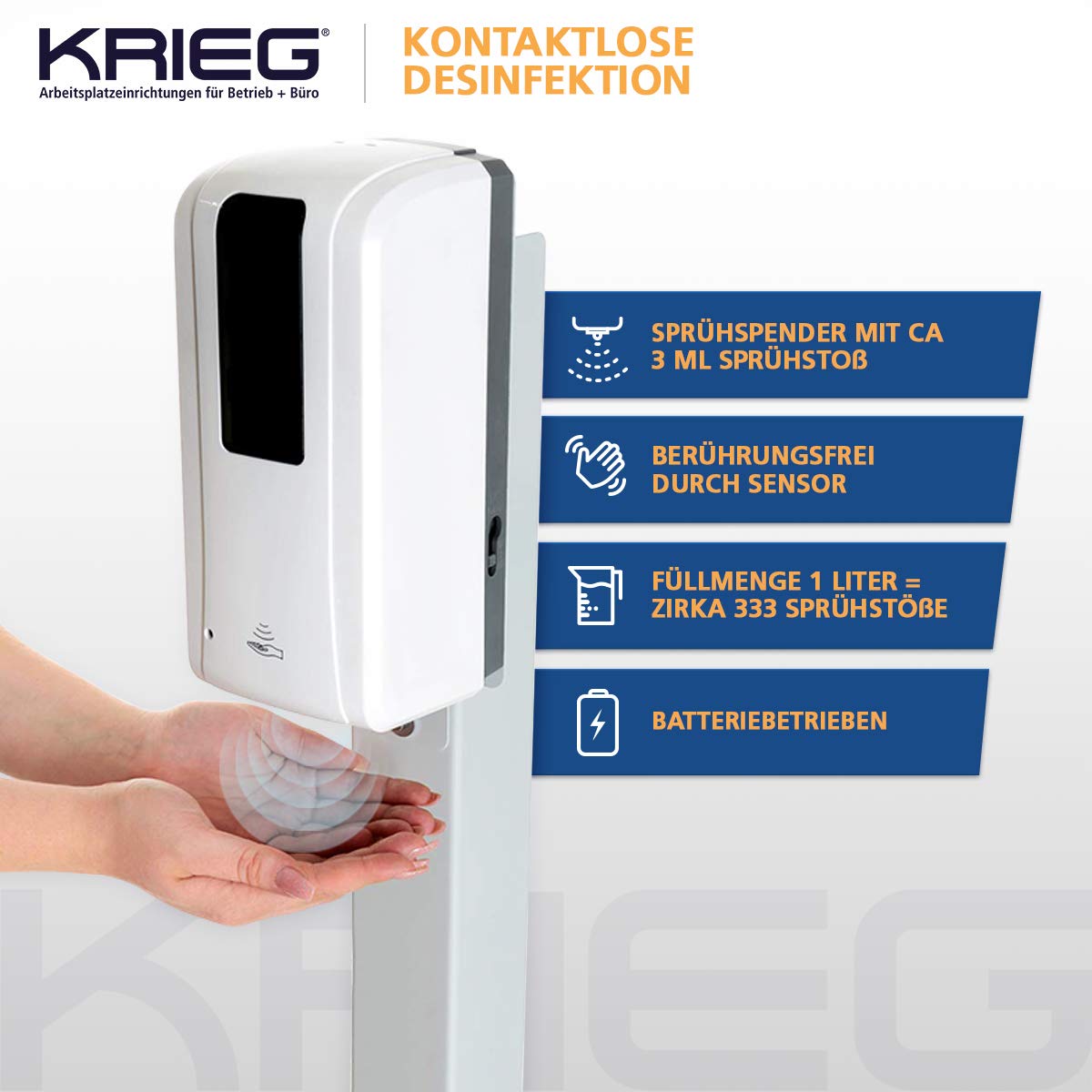 KRIEG Desinfektionssäule mit Sensor I Grau I Kontaktlos Hygienestation 1000 ml - 333 Sprühstöße I Desinfektionsstation freistehend, stabil, höhenverstellbar, automatisch I Hygienesäule Ready to go