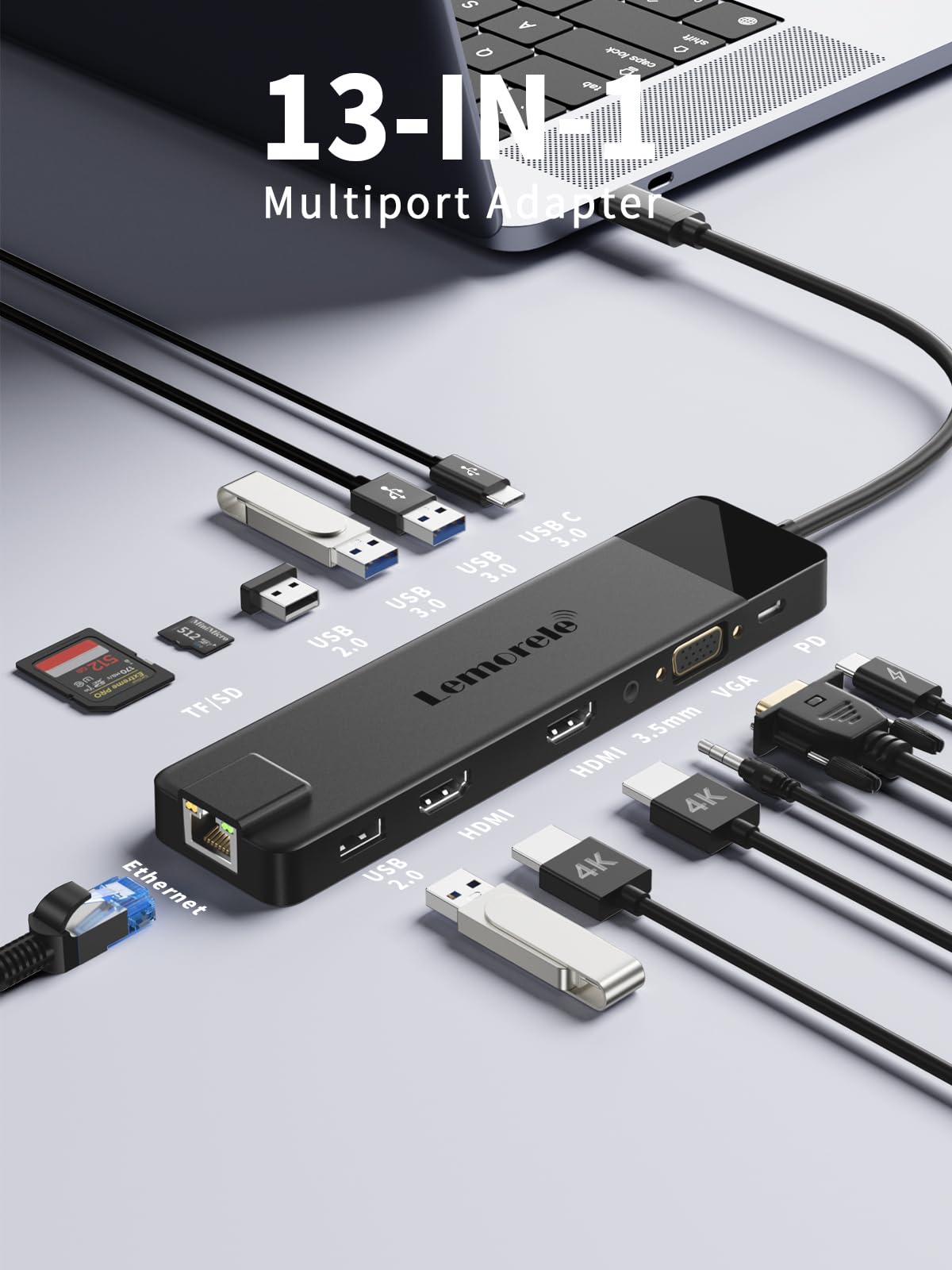Lemorele Docking Station USB C Hub 3 Display-13 in 1, Dual 4K HDMI, VGA, 1000M Ethernet, 4 USB A 3.0/2.0, 100W PD, SD/TF, AUX 3.5mm USB C Dock Multiport Adapter für Windows/MacBook/Mac/Dell/HP/ASUS