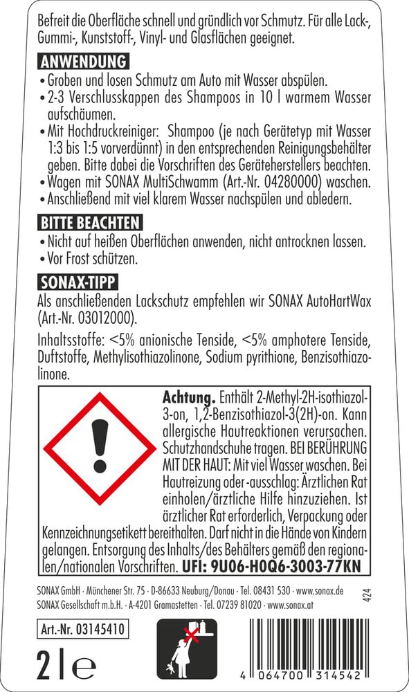 SONAX AutoShampoo Konzentrat (2 Liter) durchdringt und löst Schmutz gründlich, ohne Angreifen der Wachs-Schutzschicht | Art-Nr. 03145410