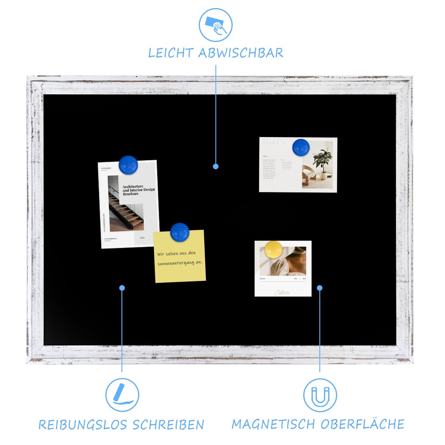 QUEENLINK Magnetische Kreidetafel 57x90cm Magnettafel Schwarz Kreide Tafel mit Weiß Holzrahmen Kreidetafel zum Aufhängen