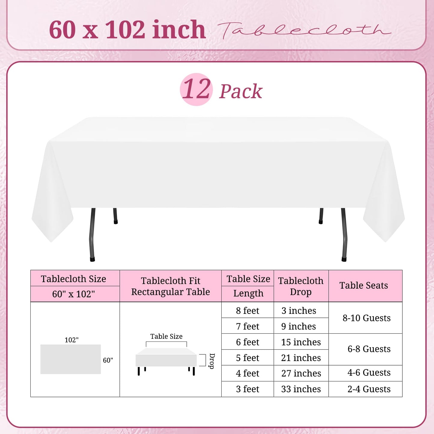 12-Pack Rechteck Tischdecke,153x260cm Weiße Tischdecke Polyester Tischdecke für 1,8m Rechteck Tische,Fleck und Falten beständige waschbare Stoff Tischdecke für Hochzeit,Restaurant