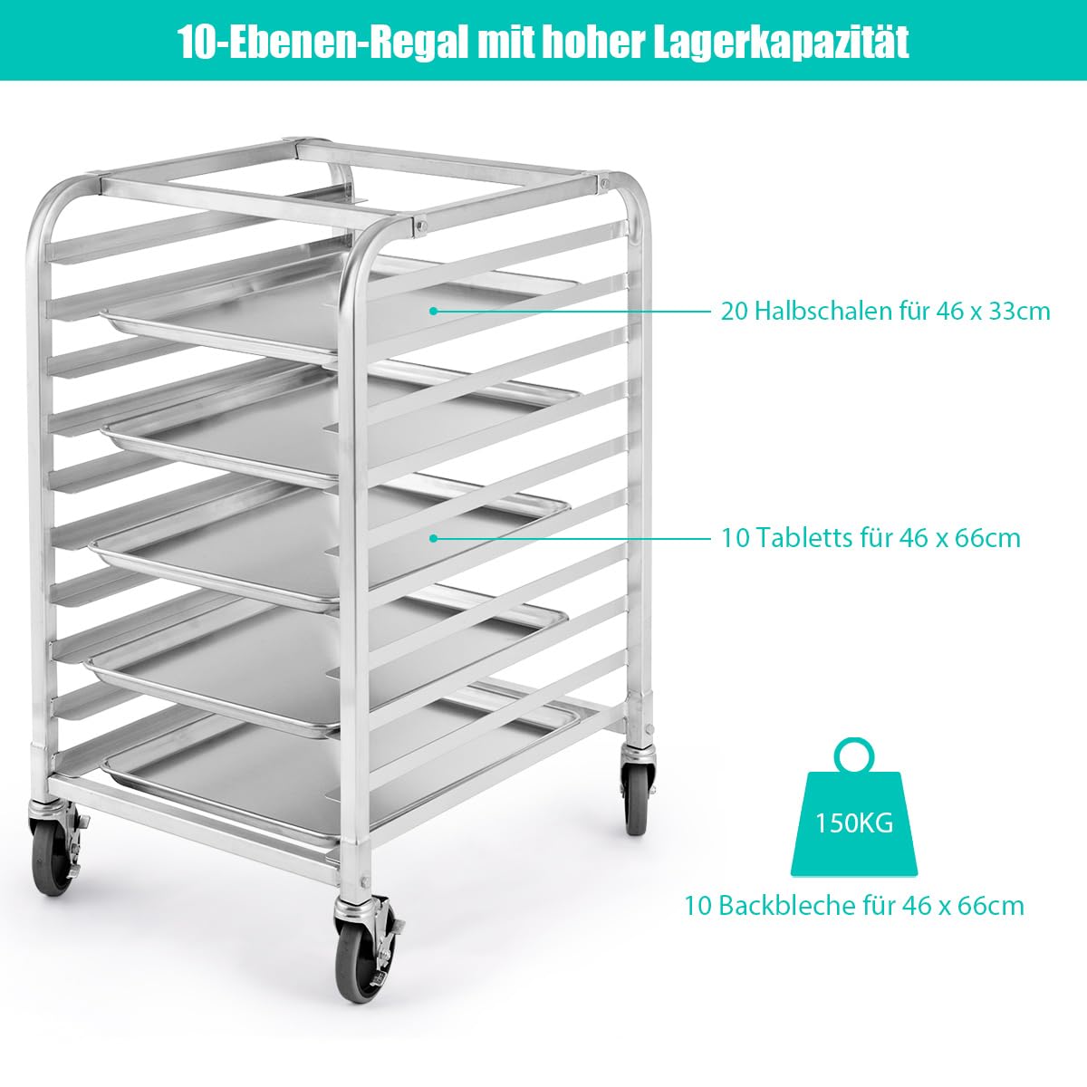 COSTWAY Tablettwagen für 10 Tabletts, Regalwagen Servierwagen Aluminium, bis 15 kg pro Blech, Abräumwagen auf Rollen mit Bremse, Transportwagen Stikkenwagen, Rollwagen Küchenwagen, Silber