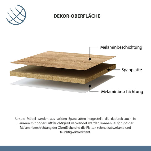 Planetmöbel Waschtischunterschrank mit Keramikwaschbecken 40cm in Gold Eiche mit Armatur in Schwarz matt, Badmöbelset für Badezimmer, Gäste WC
