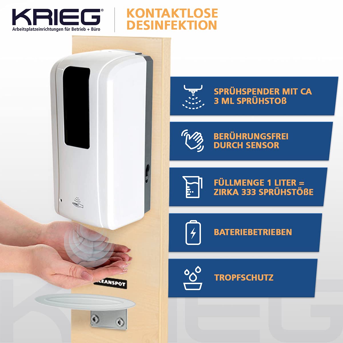 KRIEG Desinfektionsmittelständer Holz Sensor Auffangschale I AHORN I Kontaklose Hygienestation 1000 ml - 333 Sprühstöße I Desinfektionsstation freistehend, Stand, touchless I Ready to go