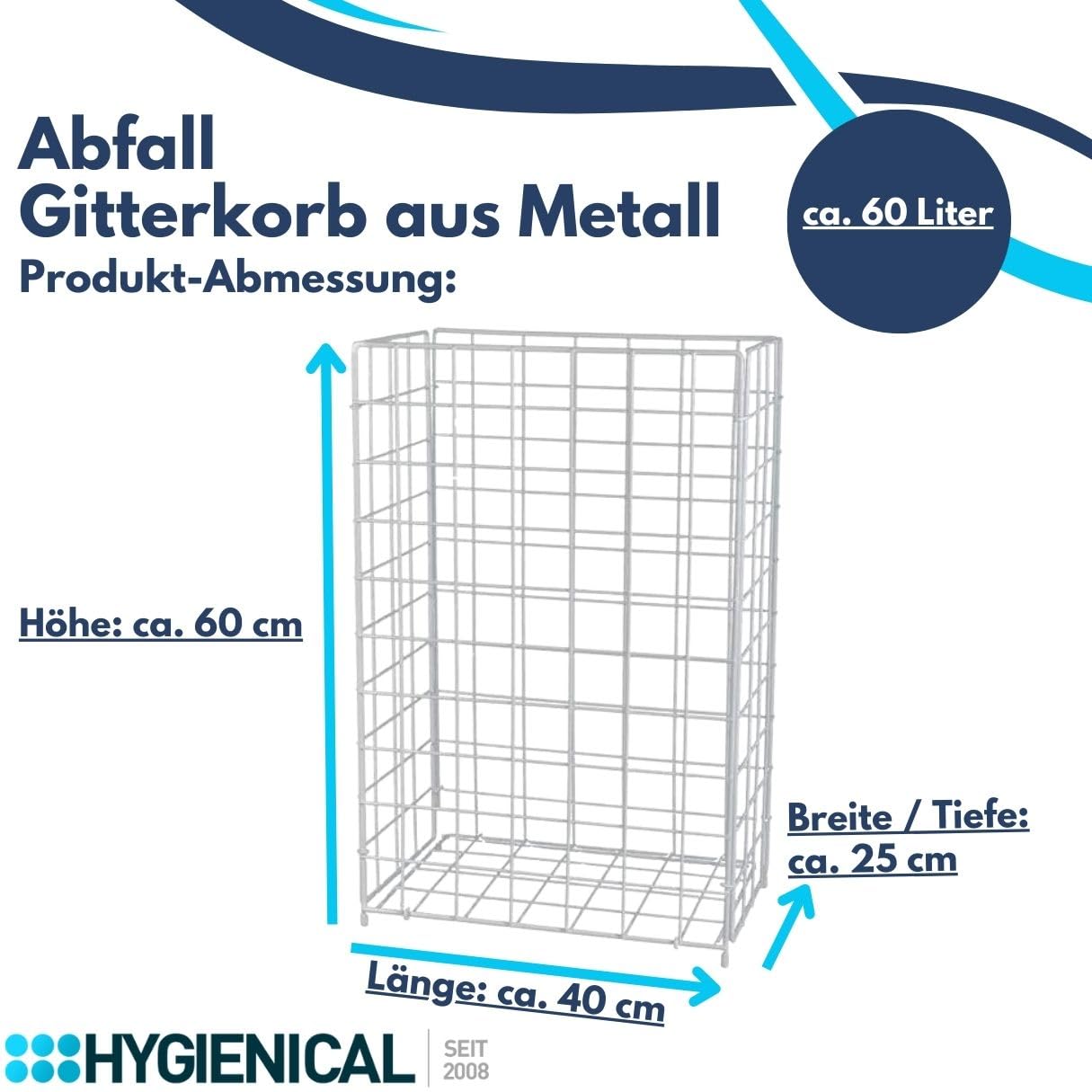 Hygienical Betriebsbedarf Gitterkorb für Müllbeutel, Metallgitterkorb, Wäschekorb, Gitterkorb Metall, ca. L: 40 x B: 25 x H: 62cm, weiß, 1 Stück