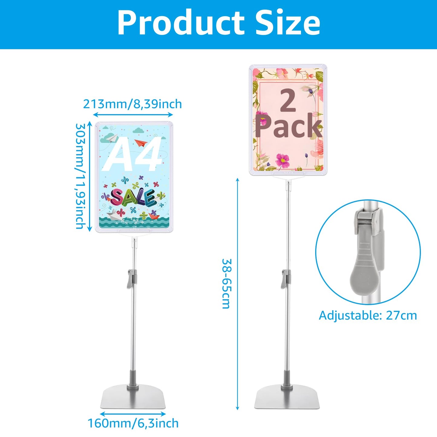 AKOLAFE 2 Stück Infoständer A4 Weiß Plakatständer A4 Höhenverstellbar 38-65cm Aufsteller Din A4 Edelstahl Informationsständer Präsentationsständer mit Sicherheitsecke Werbeständer