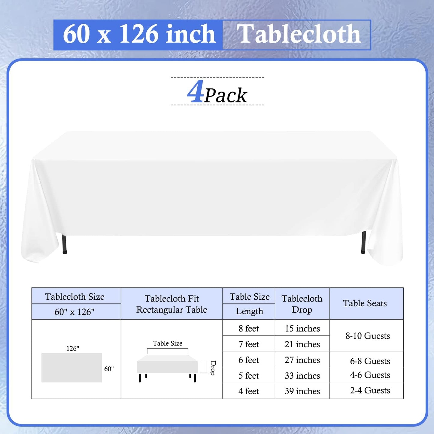 4 Stück Weiße Tischdecke 153 x 320 cm, Polyestergewebe Tischdecke für 8 FT Rechteck Tische schmutzabweisende und Waschbare Tischdecke dekorative Tischdecke für Hochzeiten, Partys, Bankette