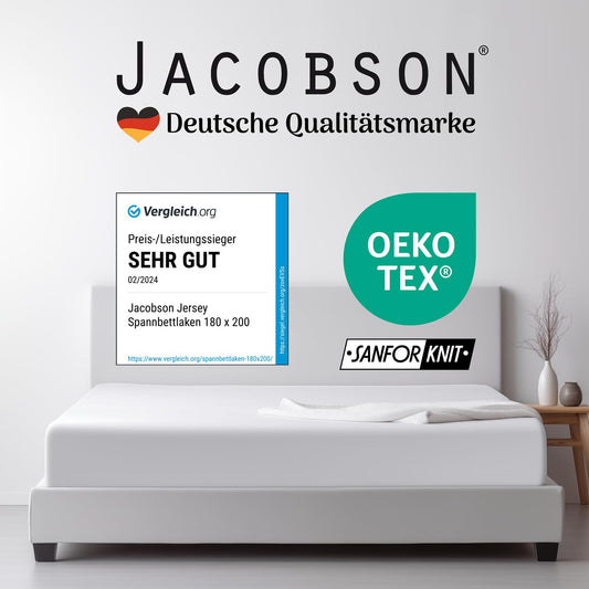 Jacobson Jersey Spannbettlaken Spannbetttuch Baumwolle Bettlaken (120x200-130x200 cm, Weiss)
