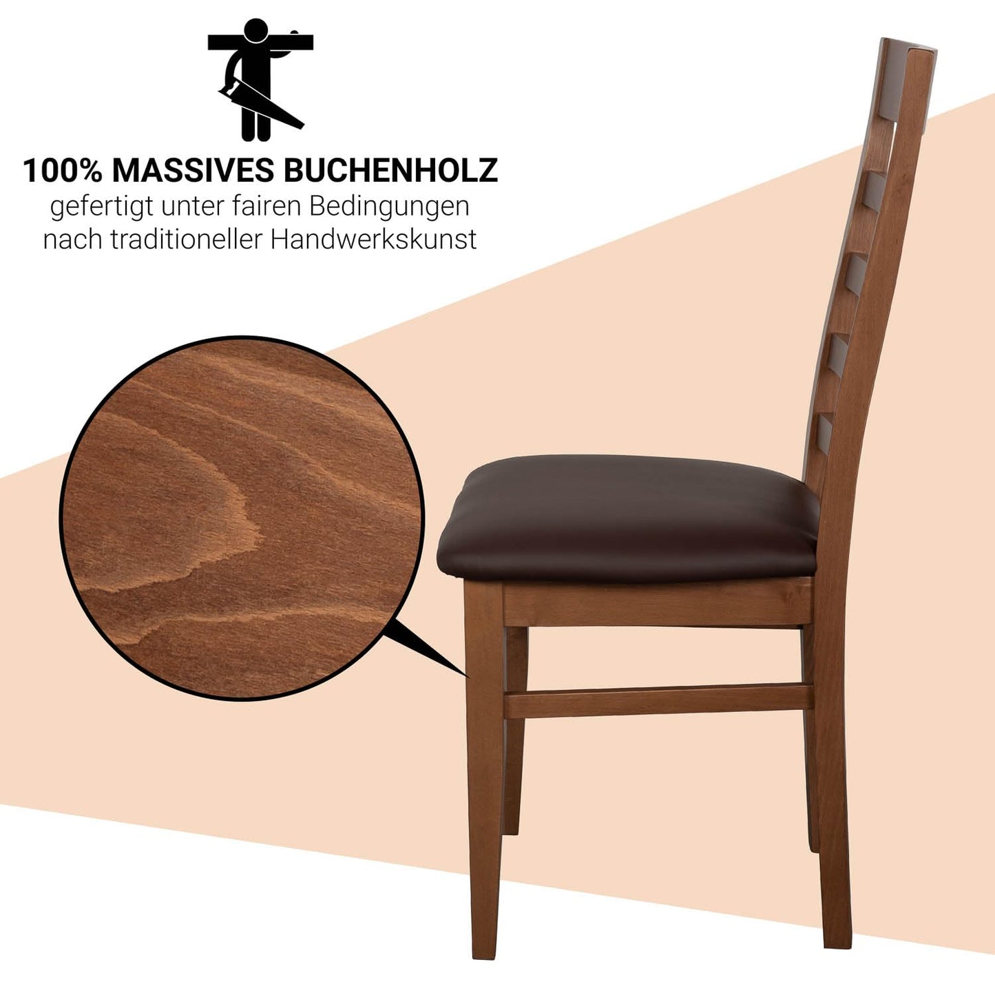Staboos CH62 Esszimmerstuhle 2er Set Holz Stuhl bis 150 kg - Fertig montiert - Küchenstuhl gepolstert - massiv Holz Buche (Nussbaum - Braun)