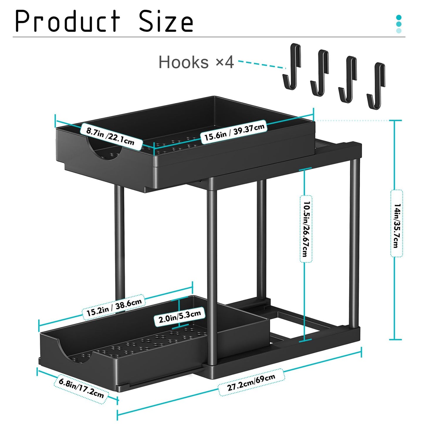 StowBin Küchen Organizer, 2 Pack Unter Waschbecken Regal mit 4 Haken, Spülschrank Organizer, Badezimmer Organizer, Schrank Organizer, Ordnungssystem für Küche