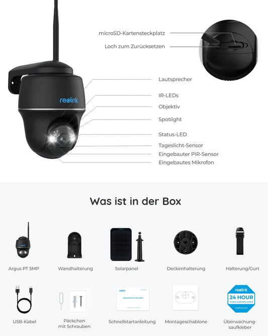 Reolink 5MP Solar Überwachungskamera Akku, 355°/140° Schwenkbar WLAN Kamera Outdoor Kabellos 2, 4/5GHz WiFi, Farbnachtsicht, Personen/Auto/Tiererkennung, Standalone, Argus PT(Schwarz)+Solarpanel