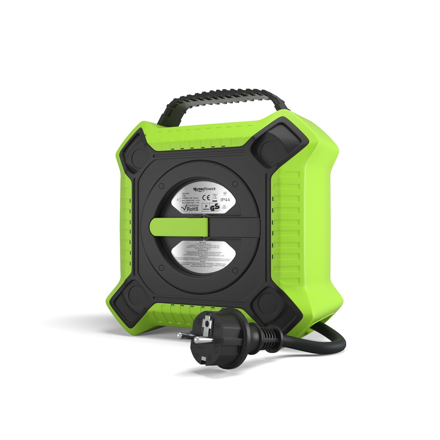 MutecPower Kabeltrommel 15m Outdoor IP44 mit 4 schutzkontaktsteckdosen, kabelrolle außen H05RR-F 3G1,5 Schwartz/Grün