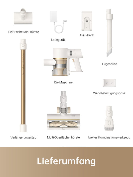 Dreame R10 – Kabelloser Akku-Staubsauger mit 120AW Saugkraft, 60 Min Laufzeit und LED-Bürste für Teppiche, Tierhaare & Hartböden (Weiß/Gold)