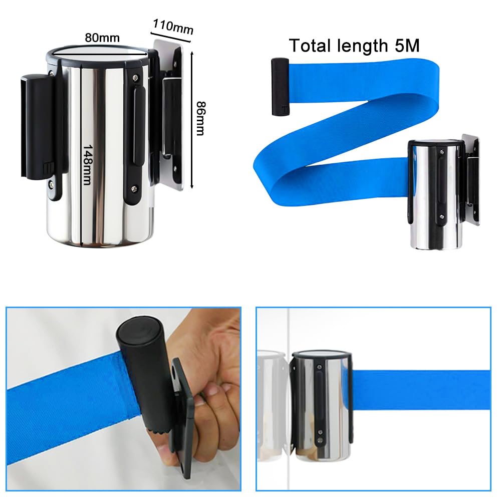 Aweisile Massenkontrolle Absperban Personenleitsystem Absperrpfosten 5M einzeihbar Wand Montiert Absperrung Band Warteschalnge Gürtel Abgrenzungsständer Absperrständer Blaue mit Montage Zubehör