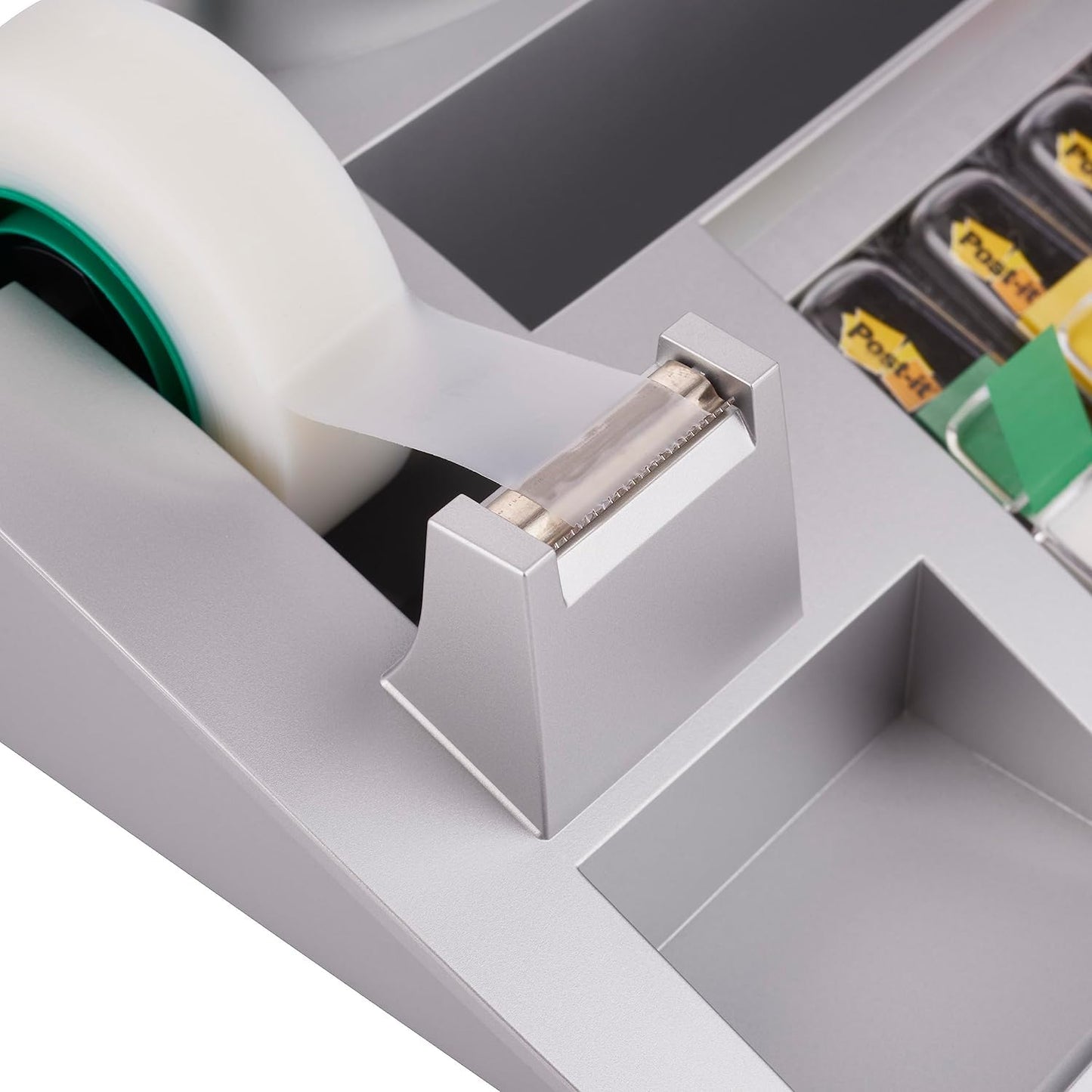 Post-it Desk Organizer, Packung mit 1 Block Post-it Notes a 100 Blatt, 4 x 35 Haftstreifen Post-it Index, 1 Rolle Scotch Magic mattes Klebeband, 265 mm x 168 mm x 68 mm, Farbe: Silber