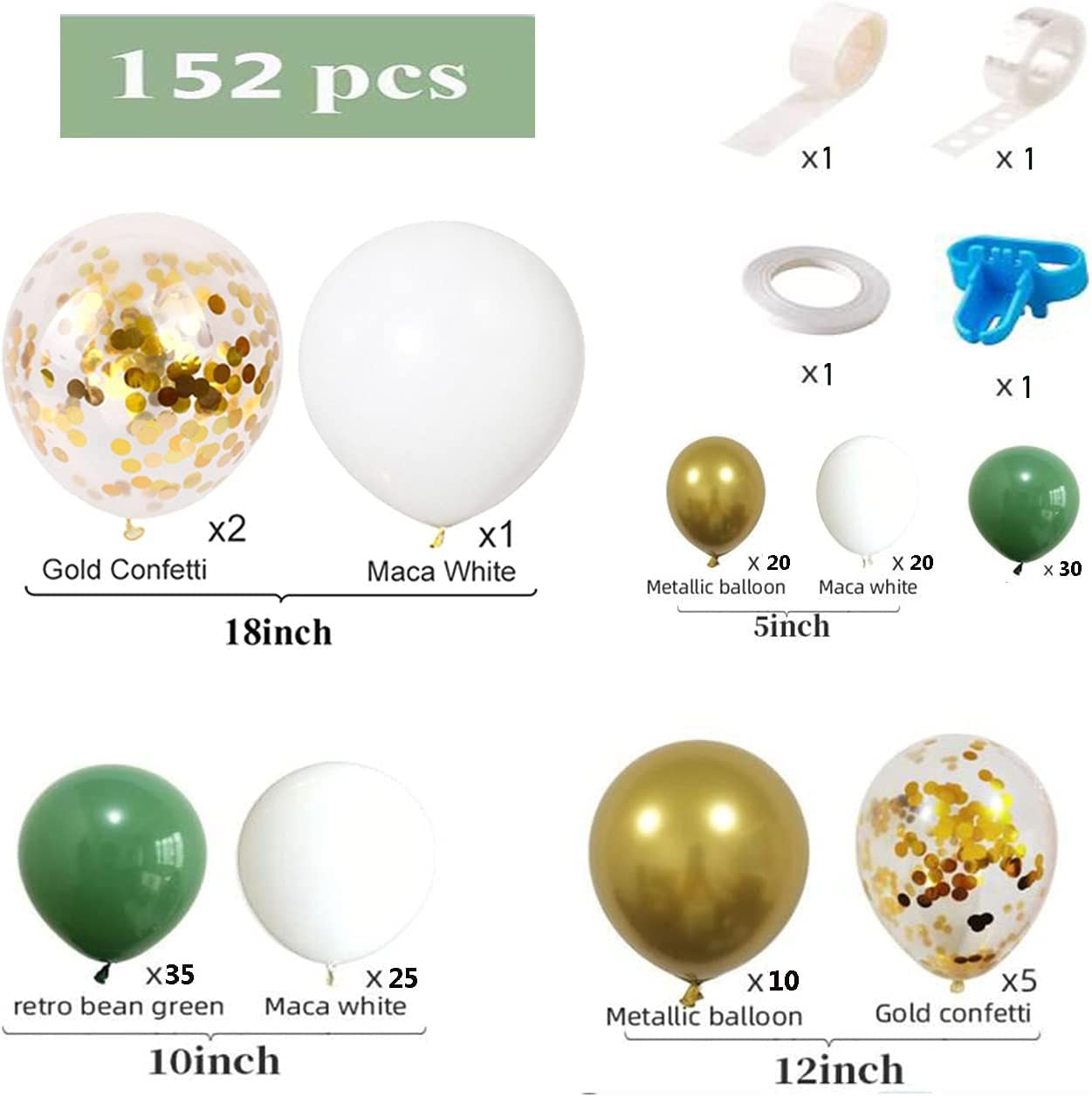 Ballon Girlande Grün,152 Stück Luftballon Girlande Grün mit Avocado Grüne Ballons Olive Grün Gold Ballons,Sage Green Ballon Set für Baby Shower Babyparty Geburtstag Party Hochzeit Deko