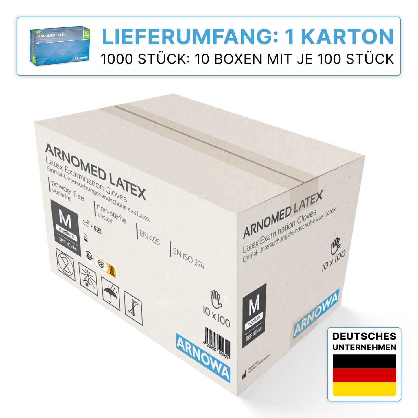 1000x ARNOMED Einweghandschuhe M, Latexhandschuhe Weiß (10x100 Stk), Einweghandschuhe puderfrei, Handschuhe Latex Einweg, Putzhandschuhe, Latex Handschuhe, Einmal-/Einweg-Handschuhe XS, S, M, L & XL