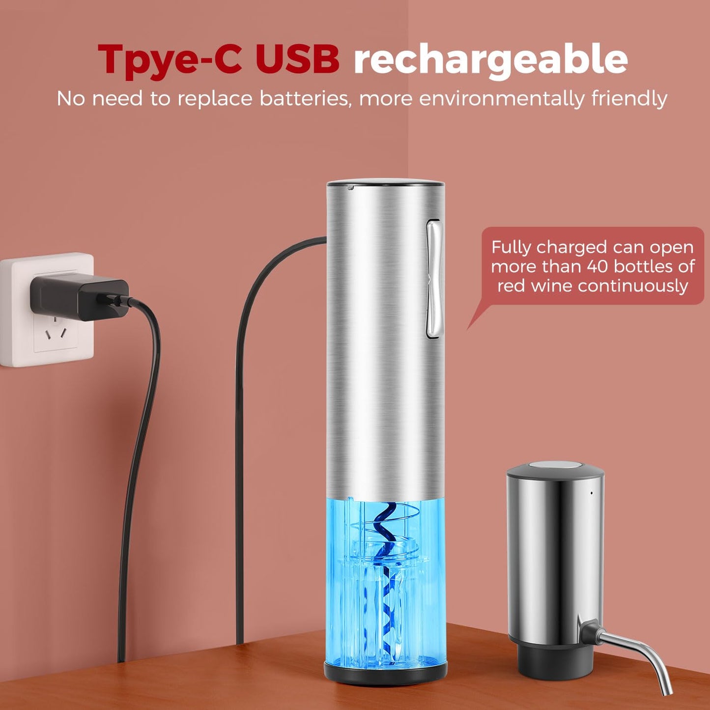 ZOYIDOUX Elektrischer weinbelüfter Set 4-in-1 Weinset mit Wiederaufladbarem Weinöffner, Wiederaufladbarem Weinbelüfter, Folienschneider und Vakuum Weinstopfen, Geschenkset für Weinliebhaber(Edelstahl)