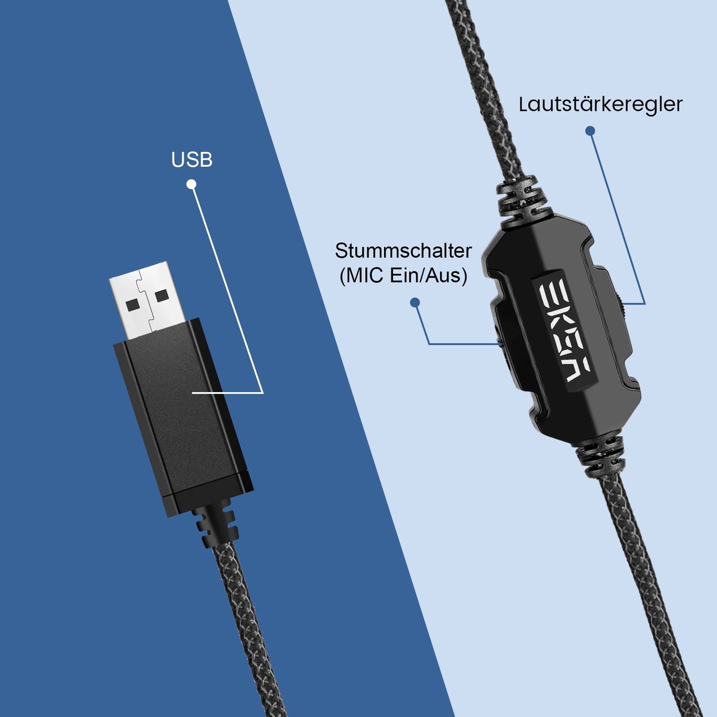 EKSA E1000 USB PC Gaming Headset mit Mikrofon, Gamer Headset mit Bass Surround Sound, RGB Beleuchtung, Gaming Kopfhörer mit Mic für PS4/PS5 Konsole/Computer/Laptop