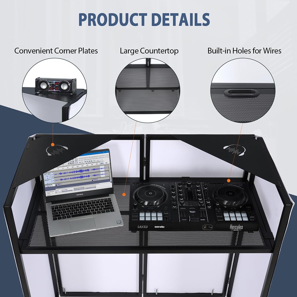 SMONTER Tragbarer DJ-Tisch mit Lichtriegel & Fernbedienung - DJ Booth mit Kabeldurchführung, Dual Top Ecken, Metallrahmen, Schwarze & Weiße Scrims, 5 Verstellbare Füße und Tragetasche–104Lx50Bx115H