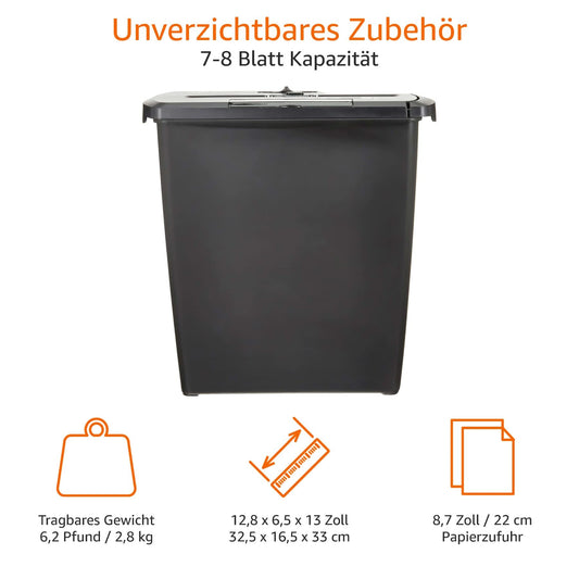 Amazon Basics Aktenvernichter, Streifenschnitt, CD-Schredder, 7-8 Blätter, Schwarz