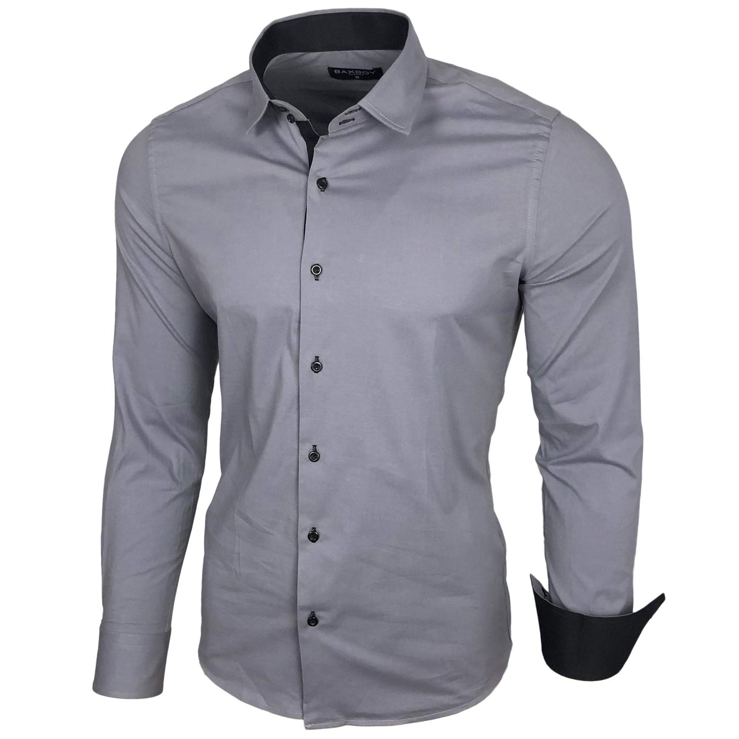 Baxboy Herren-Hemd Langarm/Business Freizeit Hochzeit/Bügelleicht/Slim-Fit/Anzug Kentkragen Hemd B-500, Farbe:Grau, Größen:M