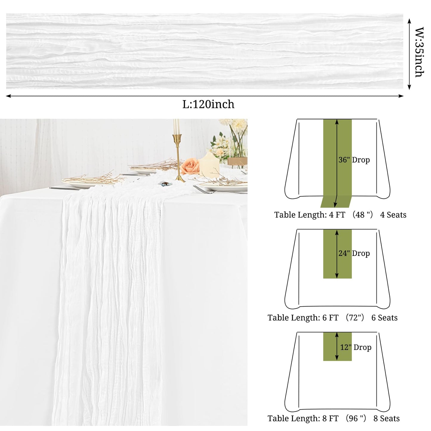 LYAFS 2 Stück weiße Käsetuch-Tischläufer 90 x 300 cm, Gaze-Tischläufer für Hochzeitsempfang, transparente Brautparty, Geburtstagsparty, rustikaler romantischer Hochzeitsläufer