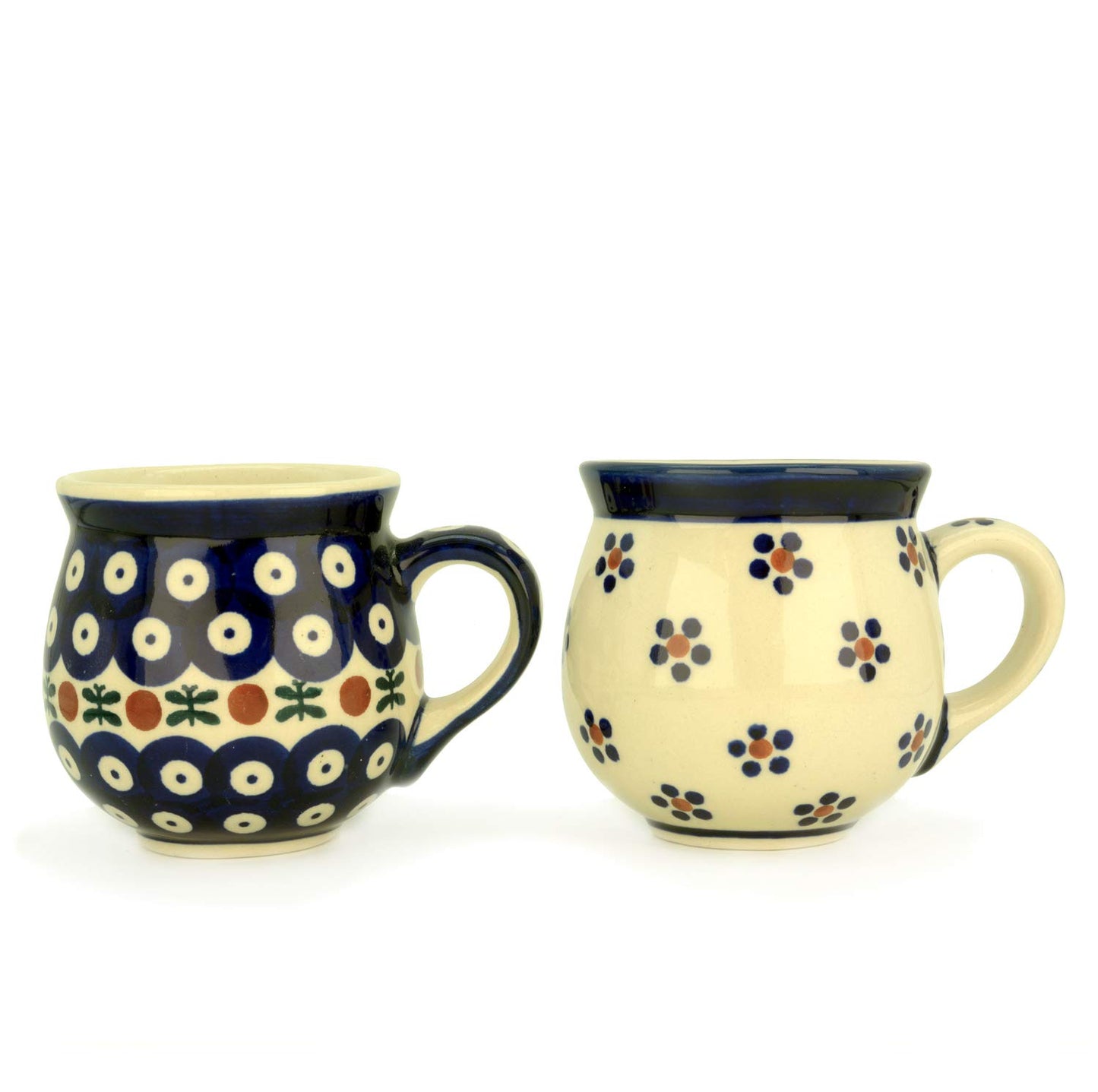 Bunzlauer Keramik Kugelbecher 200 ml im Set zu 2 Stück (Dekore Margarete und Kranz)