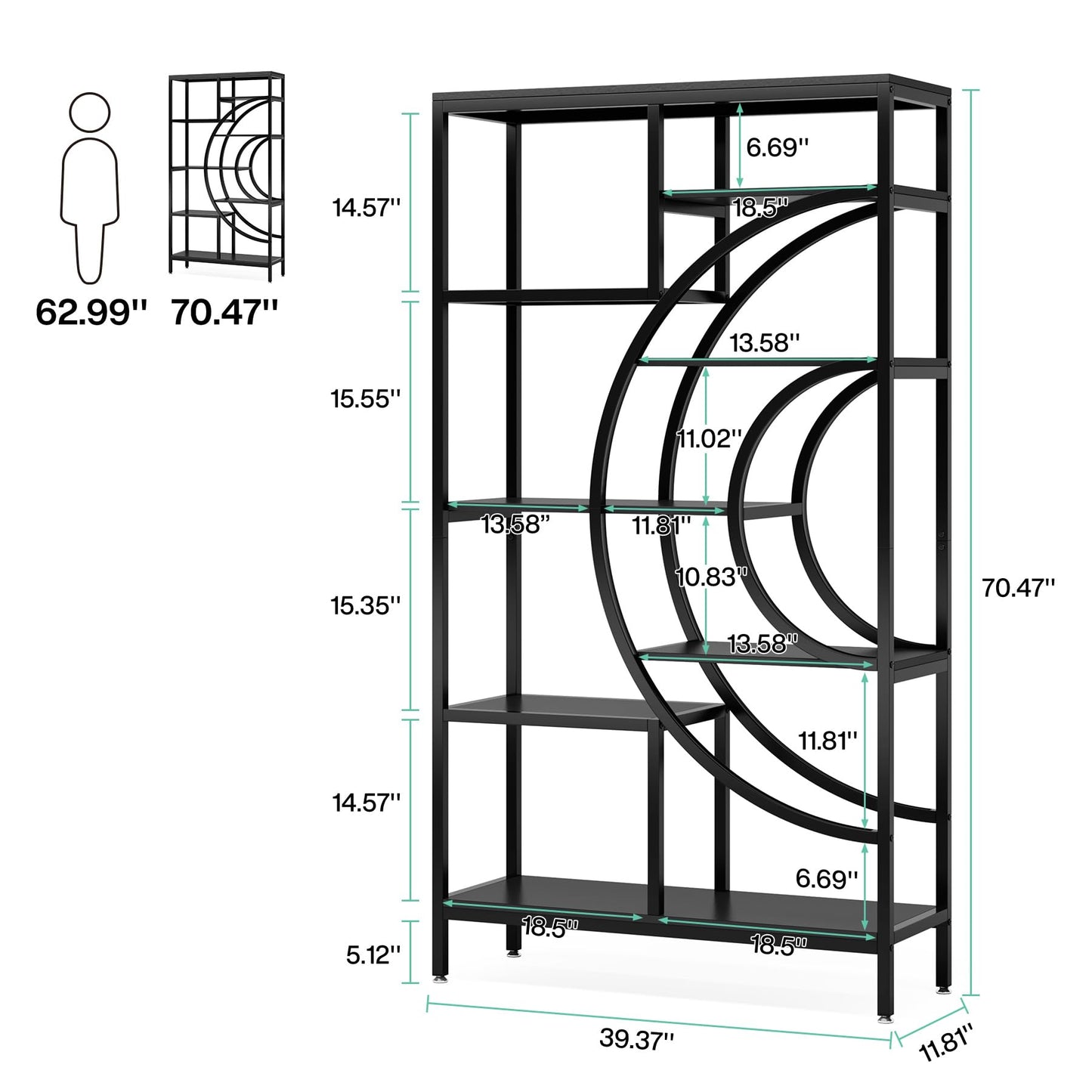 Tribesigns Geometrisches Bücherregal 179 cm, 8-stufiger Industrieller Bücherschrank