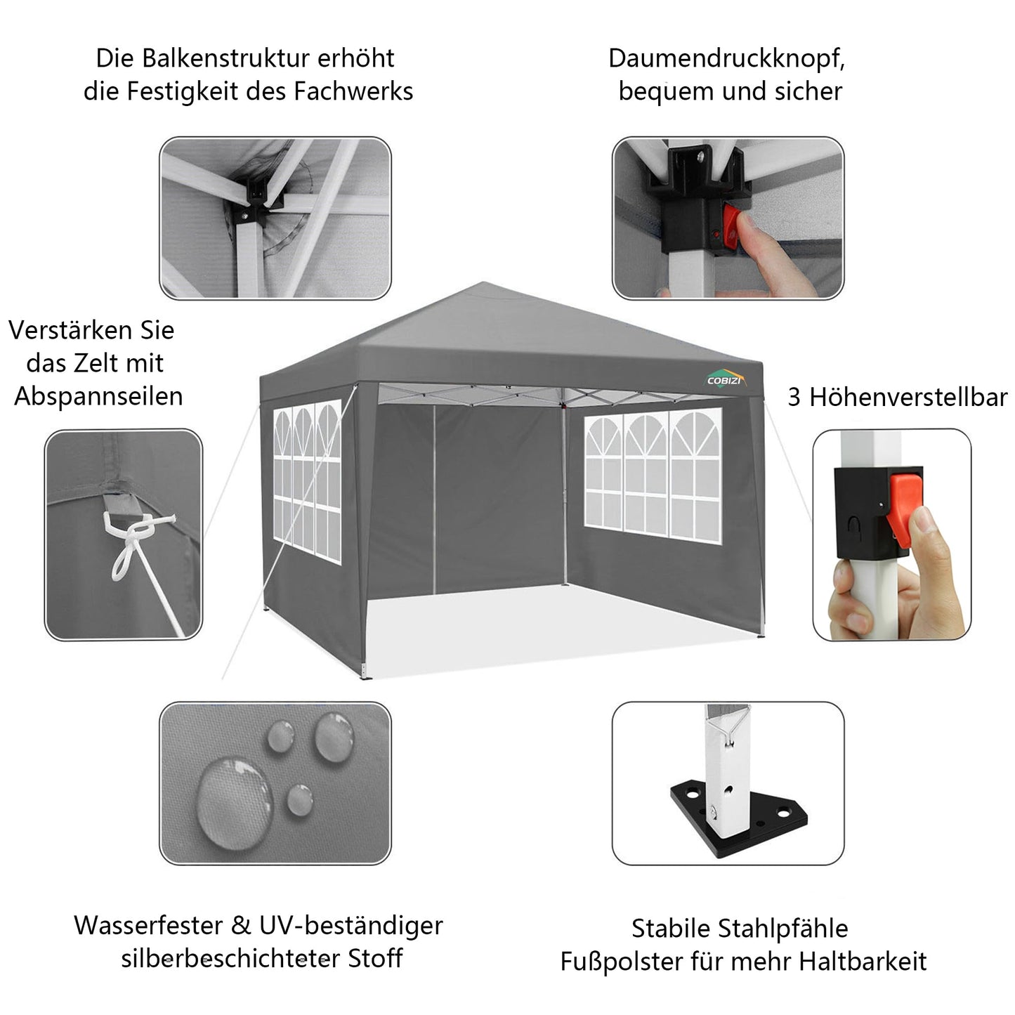 COBIZI Pavillon 3x3 Wasserdicht Stabil Winterfest Partyzelt 3x3 mit 4 Seitenteilen Pop Up Faltpavillon UV Schutz 50+ Gartenpavillon Mit Handtasche, 8X Heringe und 4X Windseil, Grau