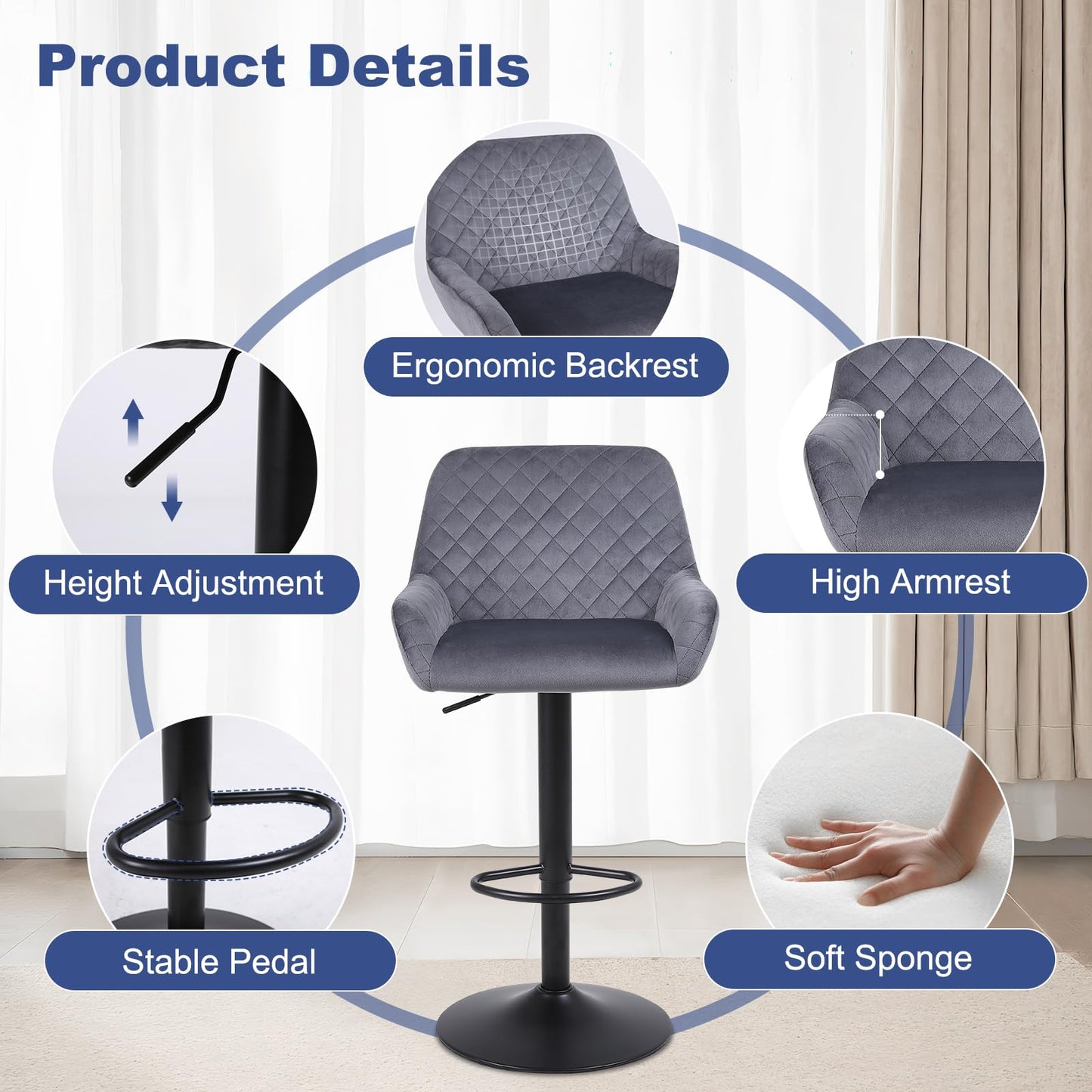 ralex-chair Barhocker 2er Set, Höhenverstellbare Drehbare Barhocker aus Samtstoff, Frühstücks-Esshocker mit Rückenlehne und Armlehne für Bar, Theke und Küche, Grau