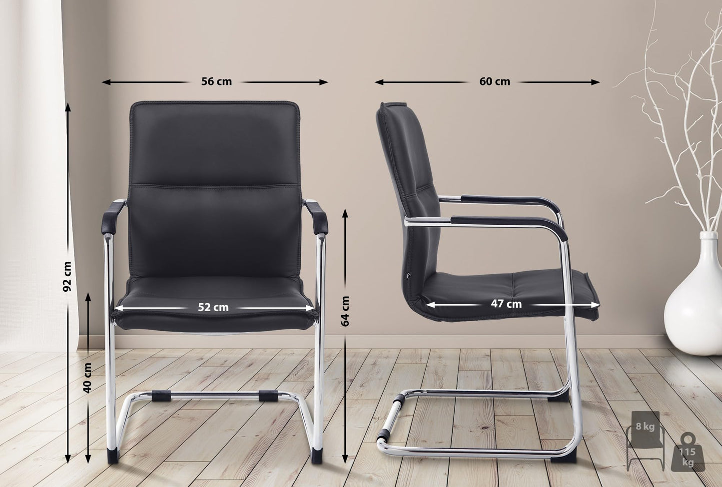 CLP Bürostuhl Seattle I Komfortabler Besucherstuhl Mit Kunstlederbezug I Modernes Design, Freischwinger Mit Bodenschoner I Gestell In Chromoptik, Farbe:schwarz