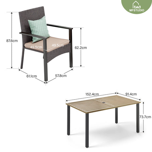 MFSTUDIO Rattan Gartenmöbel Set, Balkonmöbel, Rechteckiger Gartentisch mit Stühlen Terassenmöbel mit Verstellbarem Schirmloch, Terassenmöbel Außen für Garten, Beige Kissen, Dunkelbraun
